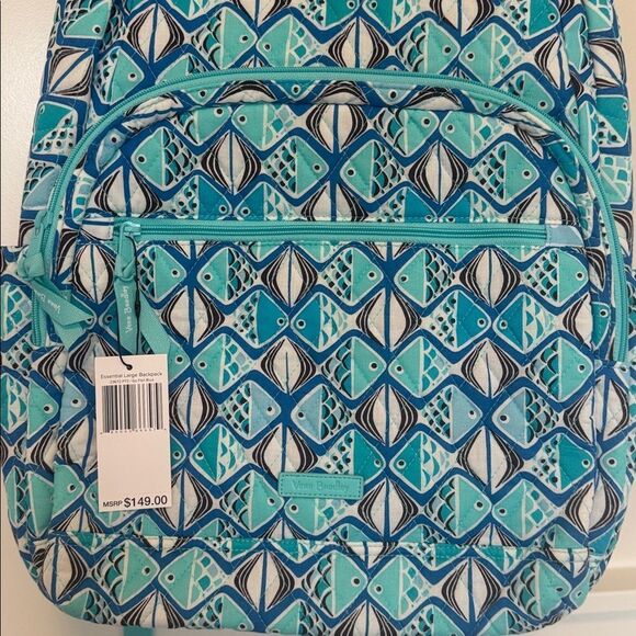 Vera Bradley Go Fish Blue Patterned Quilted Large Essential Travel Backpack NWT main image 11